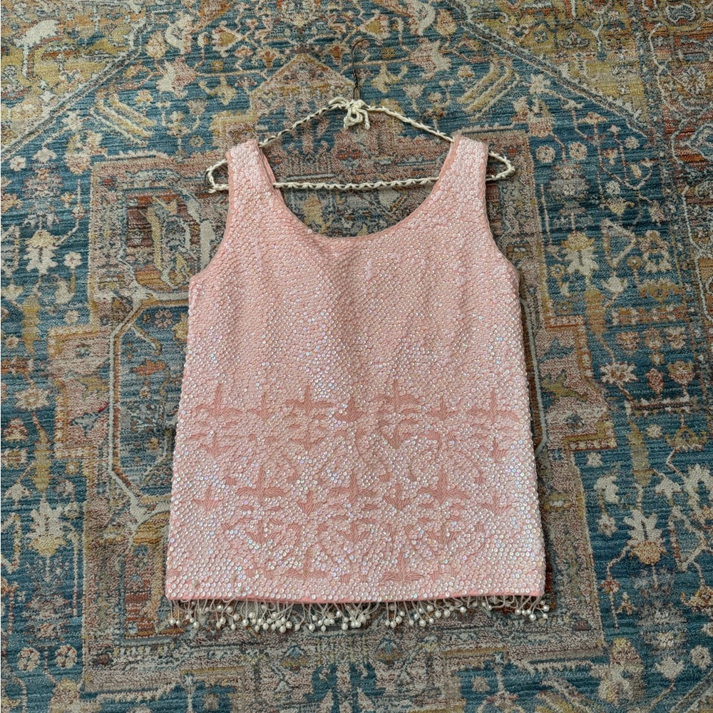 Pink Sequin Detailed Top with Beaded Fringe